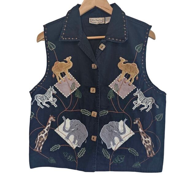 Vintage New Direction Vest Women Size Large Black 90s Animals Safari Indie Retro - Picture 1 of 9